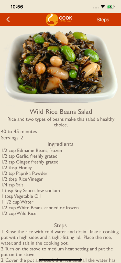 Cook With Me - Wild Rice Beans Salad recipe interface on the Cook With Me app