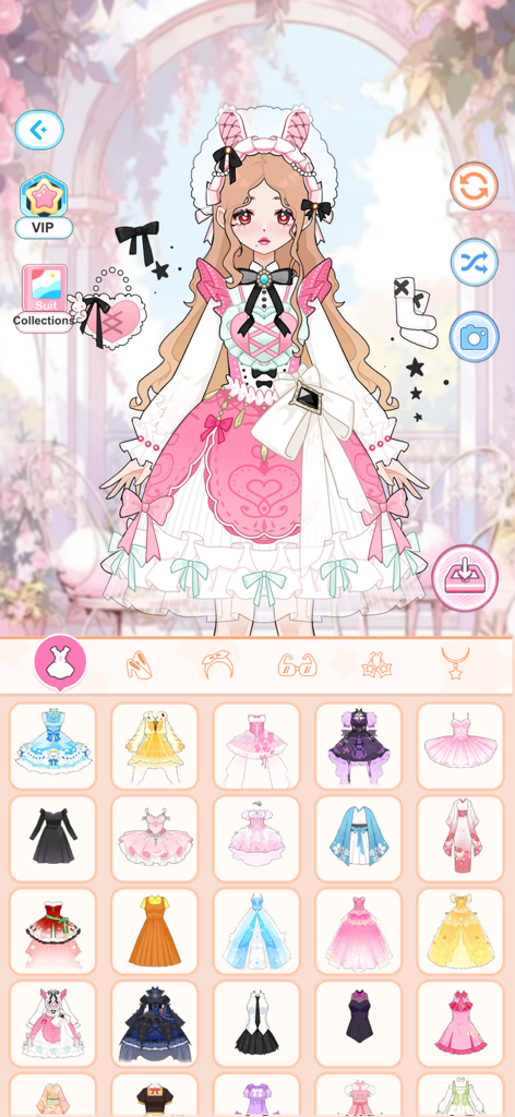 Love Idol: Beauty Dress Up - Pantalla de personalización de personaje en Love Idol Beauty Dress Up que muestra una chica de anime con un vestido lolita rosa y una biblioteca de opciones de vestuario