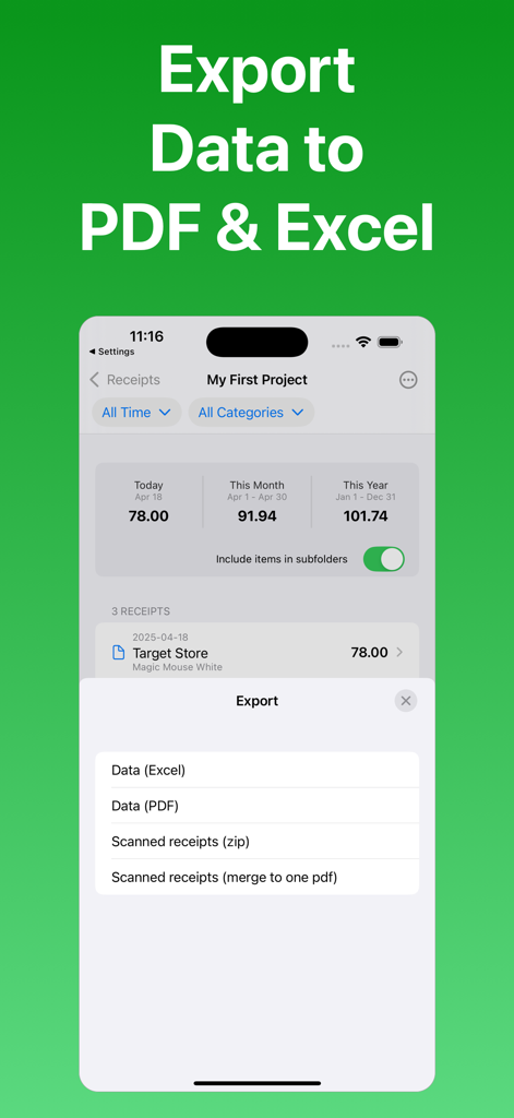 Receipt Scanner by Zeple AI - Interfaz de la aplicación Zeple AI que muestra las opciones de exportación de recibos en formatos PDF y Excel