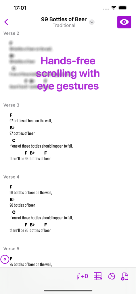 Visualización de hoja de acordes de guitarra con desplazamiento manos libres mediante gestos oculares en la aplicación Strum