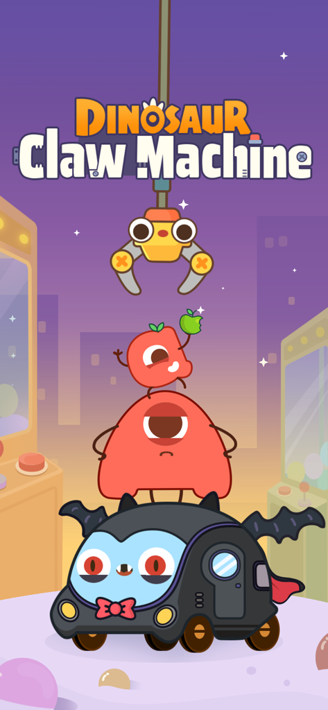 Schermata di avvio del gioco Dino Gru con simpatici personaggi impilati e una gru meccanica