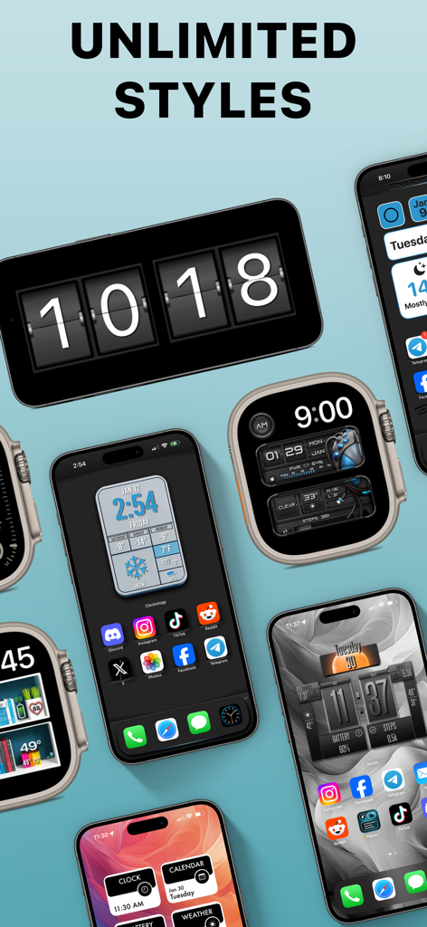 Custom Widgets by Clockology - Multiple iPhones and Apple Watches displaying various custom digital clock widgets and watch faces