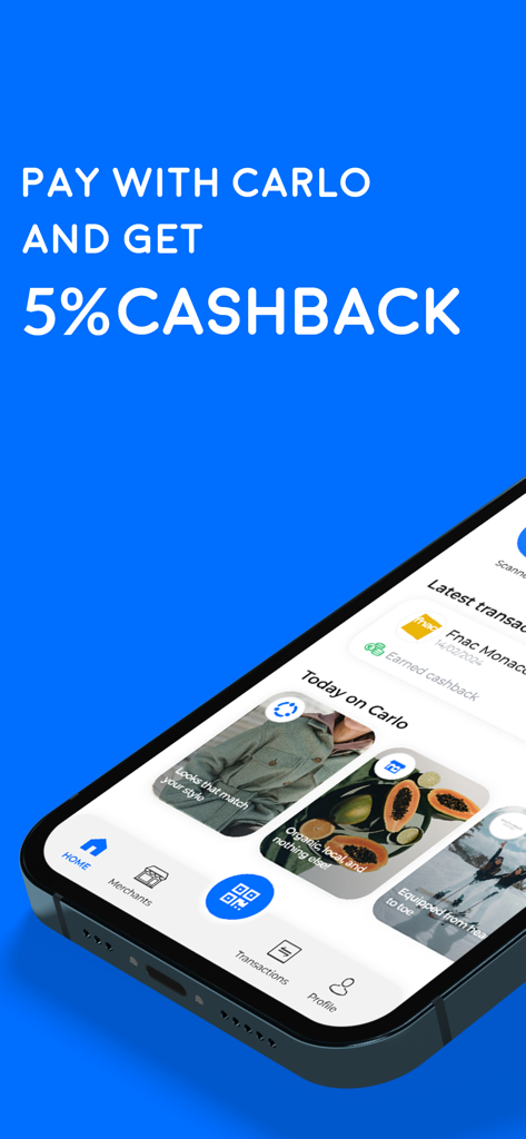 Carlo App - Smartphone screen displaying the Carlo App interface with a five percent cashback promotion for local shopping