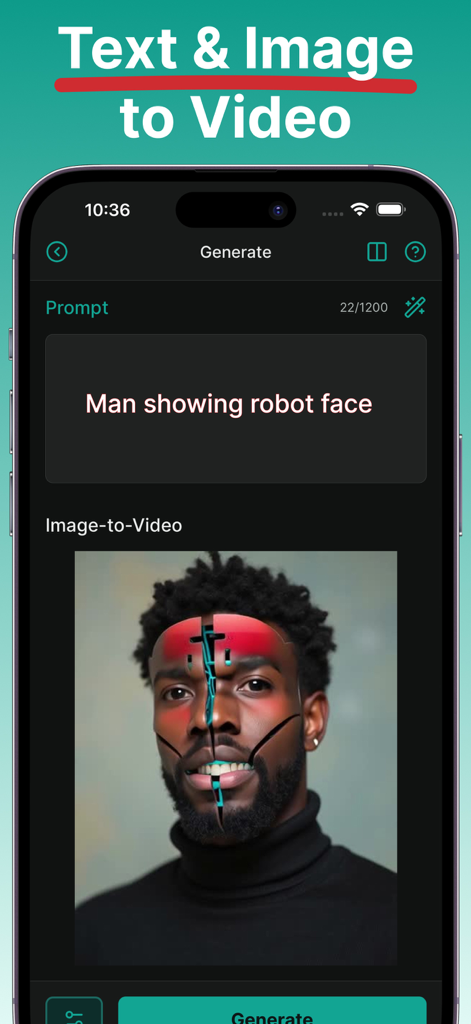 AI Video Generator app interface showing a text prompt and image to video generation feature with a man's robotic face