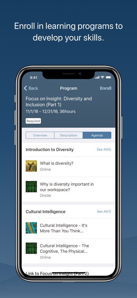 SAP Validated Learning - Interface of the SAP Validated Learning app showing a program agenda for a Diversity and Inclusion training course.