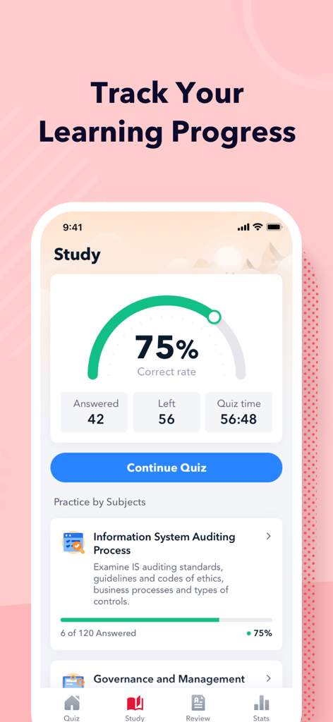 CISA Exam Prep 2026 - CISA Exam Prep 2026 app interface showing learning progress with a 75 percent correct rate and subject based practice sections