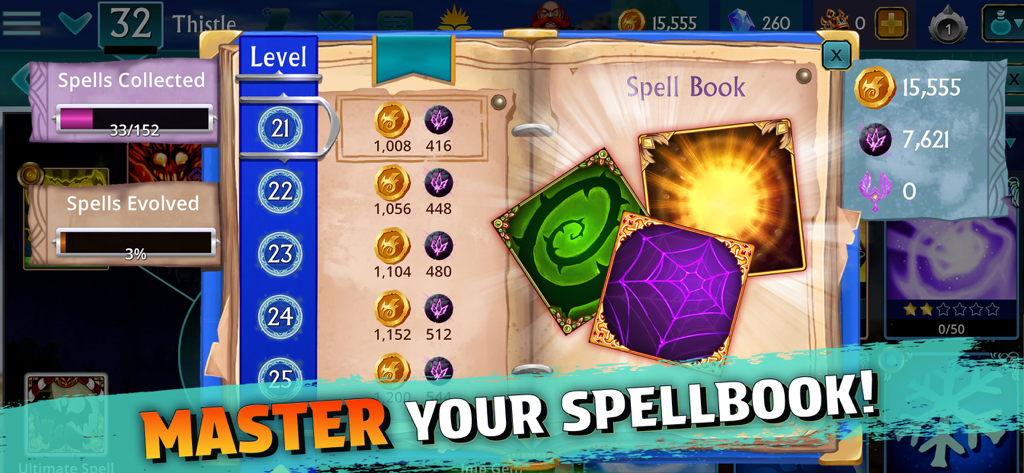 Interfaz del libro de hechizos en Puzzle Quest 3 que muestra cartas mágicas coleccionables y mejoras de nivel.