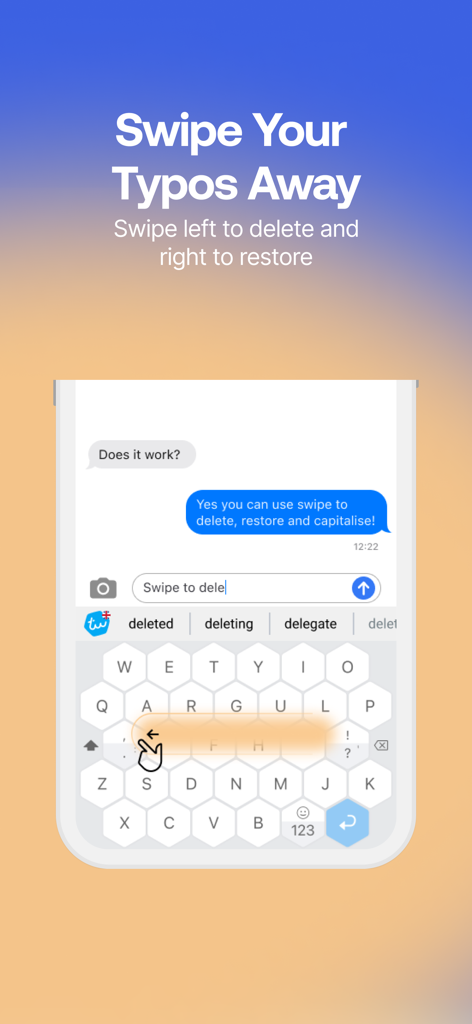 Typewise Custom Keyboard - A demonstration of the swipe left gesture to delete text on the Typewise hexagonal keyboard interface.