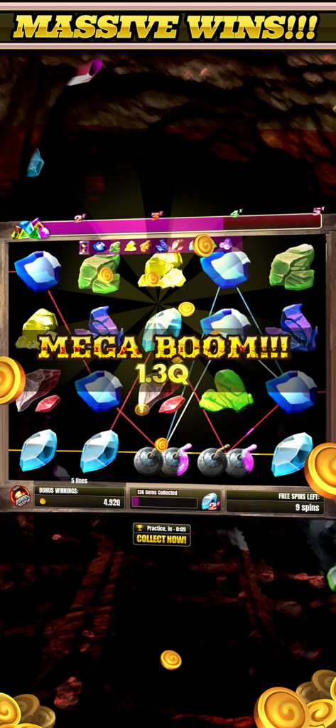 Mobile slot game interface showing a Mega Boom win with colorful gems and mining themed symbols