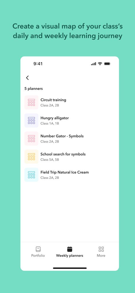 Toddle Educator - Toddle Educator app interface showing a list of weekly planners for different class activities
