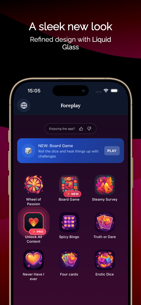 Foreplay: Couples Games - Home screen of the Foreplay couples game app featuring a sleek interface and a variety of game icons.