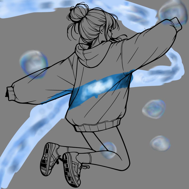 realistic girl jumping with a bun and oversized sweatshirt