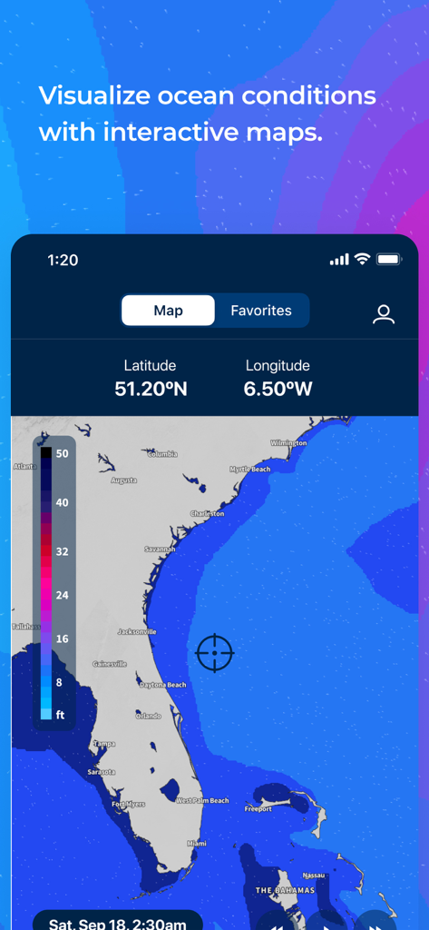 Buoyweather - Marine Forecasts - Interfaz de la aplicación Buoyweather que muestra un mapa interactivo de las condiciones oceánicas de la costa de Florida con coordenadas náuticas.