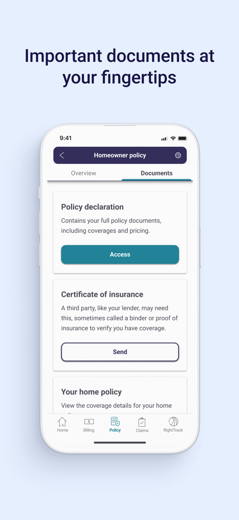 Safeco Mobile - Safeco Mobile app screen showing homeowner insurance policy documents.