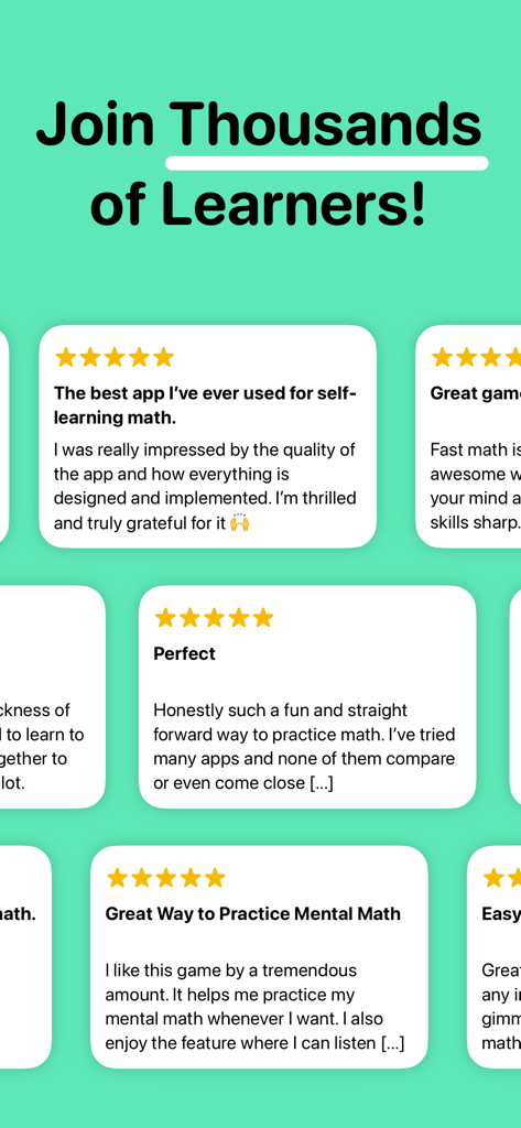 Mental Math Practice: FastMath - Five star user testimonials and reviews for the FastMath mental math practice app
