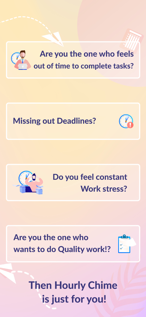 Promotional screen for Hourly Chime app highlighting time management benefits for reducing work stress and missing deadlines.