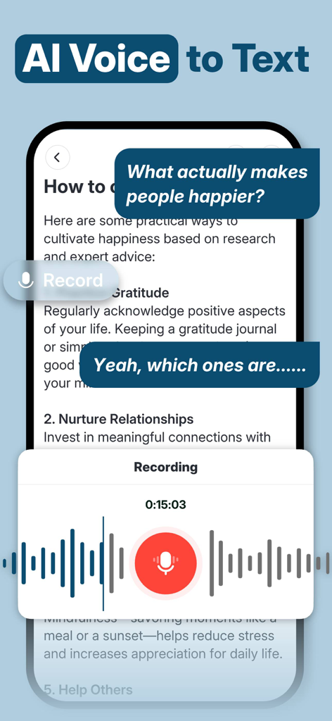AI Notes Voice to Text, Renote - Interfaz de la aplicación Renote que muestra la transcripción de voz a texto con IA en tiempo real y una pantalla de grabación de voz activa.