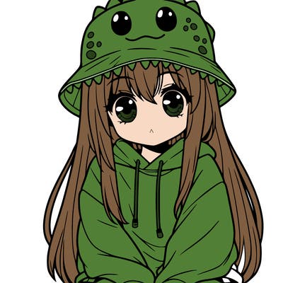 girl with anime shaped eyes with a dinosaur bucket hat oversized sweatshirt long straight hair