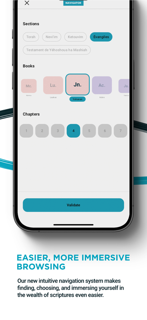 Bible de Yéhoshoua Mashiah - Navigation interface of the Bible de Yehoshoua Mashiah app showing scripture selection by book and chapter