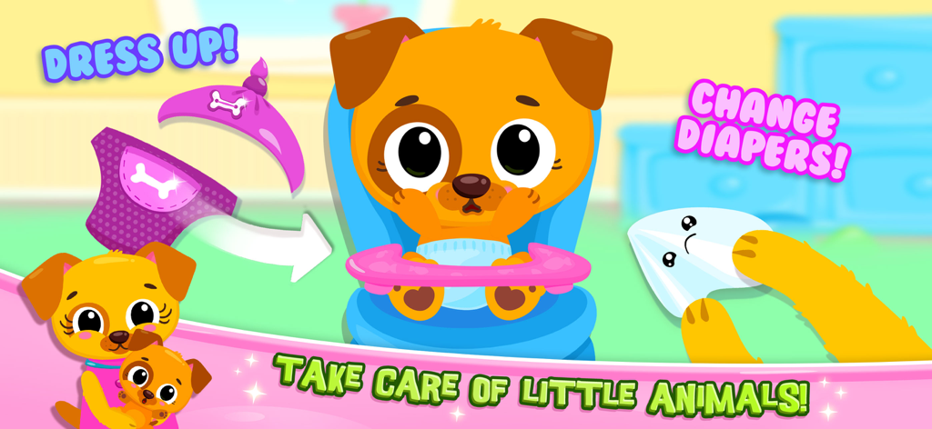 Puppy character in a high chair for dress up and diaper change activities