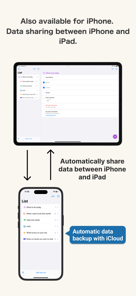 iPhoneとiPadの間でiCloudバックアップ経由でタスク同期が表示されているStickyToDoアプリインターフェース。