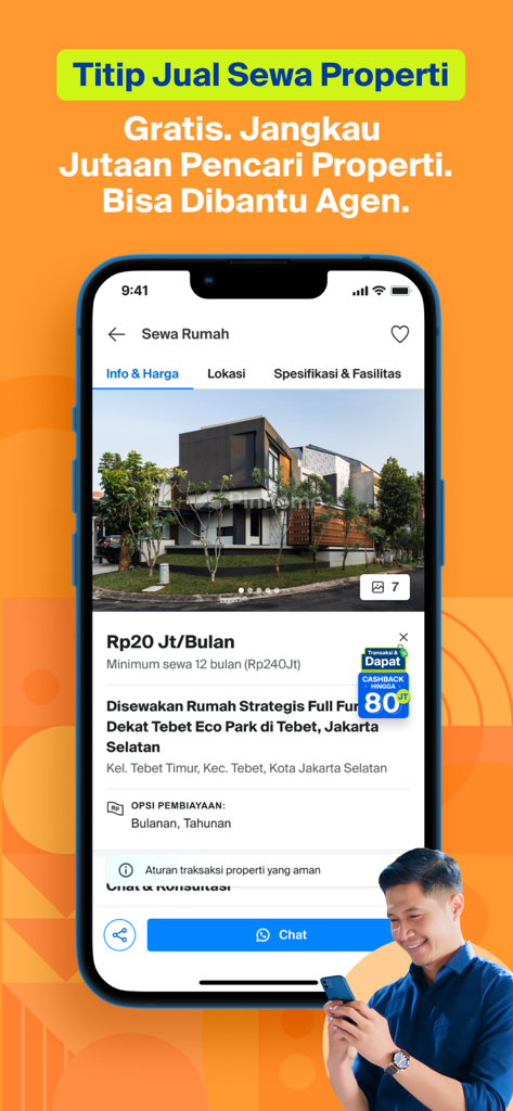 Interfaz de la aplicación Pinhome que muestra un listado de propiedades en alquiler con una casa moderna y opción de chat.
