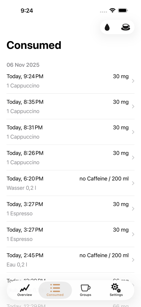 Caffeine App - Track Caffeine - Chronologie quotidienne montrant les entrées de caféine et d'eau enregistrées dans l'application Caféine