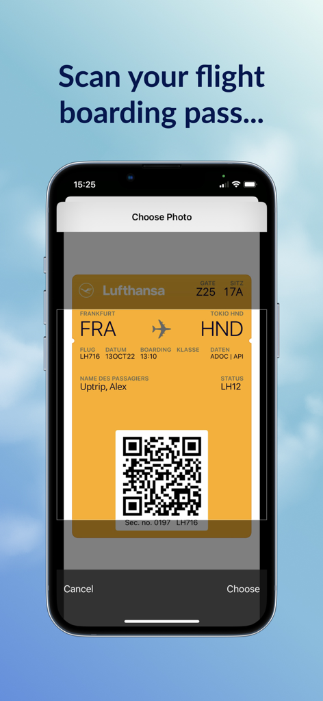 Smartphone screen showing the Uptrip app scanning a Lufthansa flight boarding pass