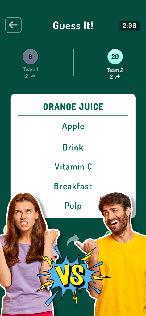 Boom - Fun Party Game - Boom party game Guess It mode interface showing word challenges and team scores