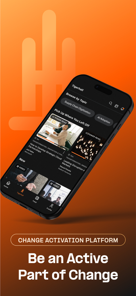 Tigerhall - Tigerhall mobile app displaying professional learning topics like AI adoption and strategic partnerships.