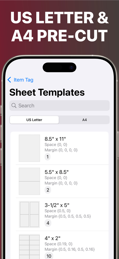 Label Maker - Print Master Pro - Oberfläche der mobilen App, die Etikettenbogenvorlagen im US-Letter- und A4-Format anzeigt