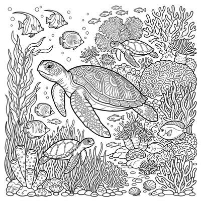 Embark on an aquatic journey with this captivating coloring page featuring the vibrant world of sea turtle habitats. Bring to life intricate coral reefs, graceful sea turtles, and various ocean creatures with your favorite colors.