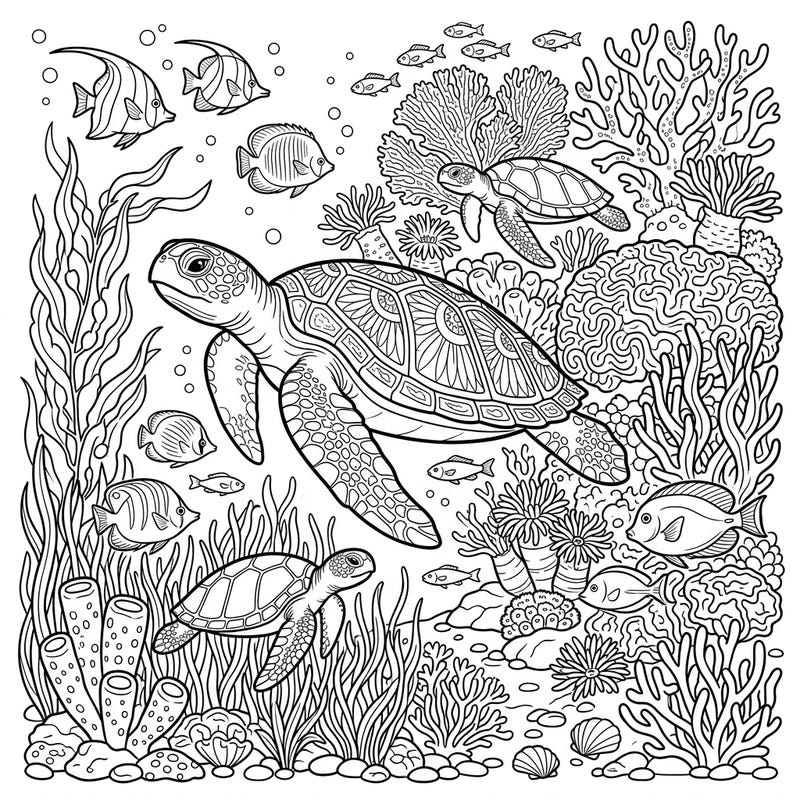 Embark on an aquatic journey with this captivating coloring page featuring the vibrant world of sea turtle habitats. Bring to life intricate coral reefs, graceful sea turtles, and various ocean creatures with your favorite colors.