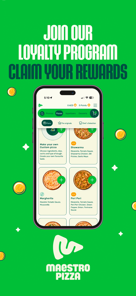 Maestro Pizza UAE - Maestro Pizza UAE app interface showing the loyalty program and pizza menu options