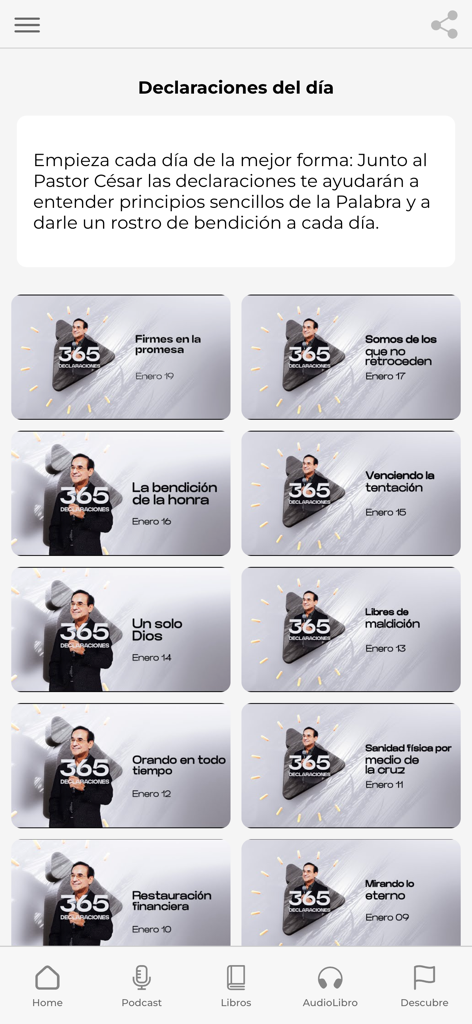 César Castellanos - Interface of the César Castellanos app displaying a list of daily spiritual declarations