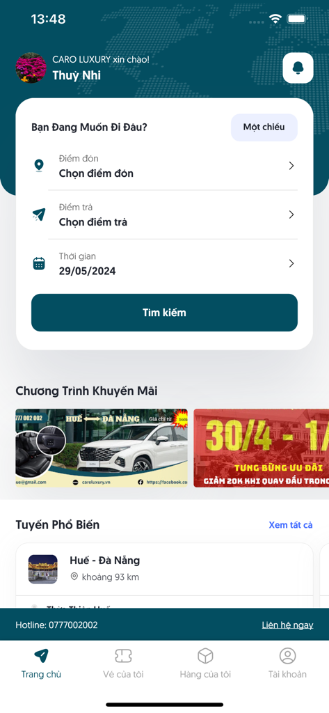 CARO LUXURY - CARO LUXURY app home screen for booking limousine travel between Hue and Da Nang
