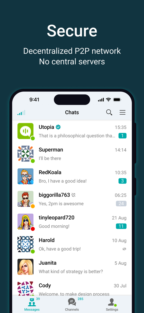 Utopia — Private Messenger - Utopia app chat interface showing secure P2P decentralized messaging features