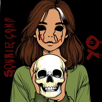 realistic girl holding a skull