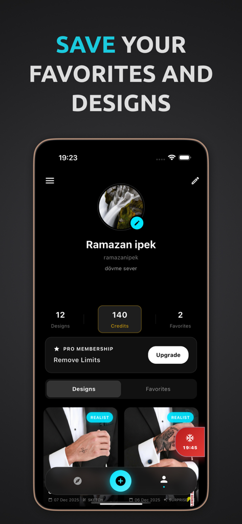 Benutzerprofilbildschirm in der AI Tattoo App, der gespeicherte Designs und Favoriten anzeigt