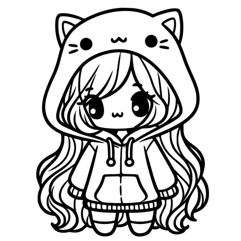 cute girl, cat hoodie, long hair