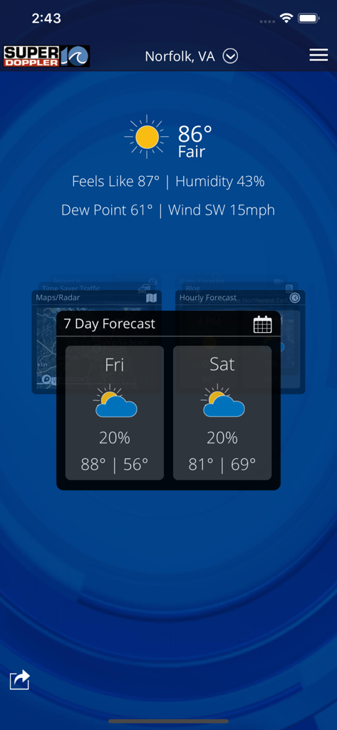 WAVY Weather app screen showing current fair weather conditions and a seven day forecast widget for Norfolk Virginia