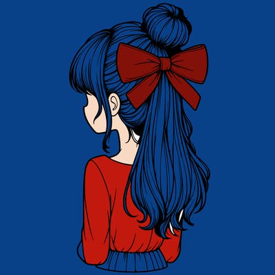 realistic girl  with hip length hair a bun and a big bow on the back of head