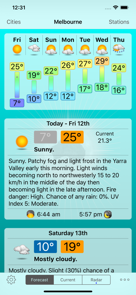 Weekly and daily weather forecast for Melbourne Australia on the Oz Weather Plus app