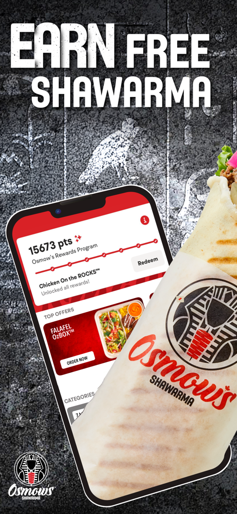 Tela de recompensas de fidelidade do aplicativo Osmows mostrando pontos de fidelidade ao lado de um wrap de shawarma