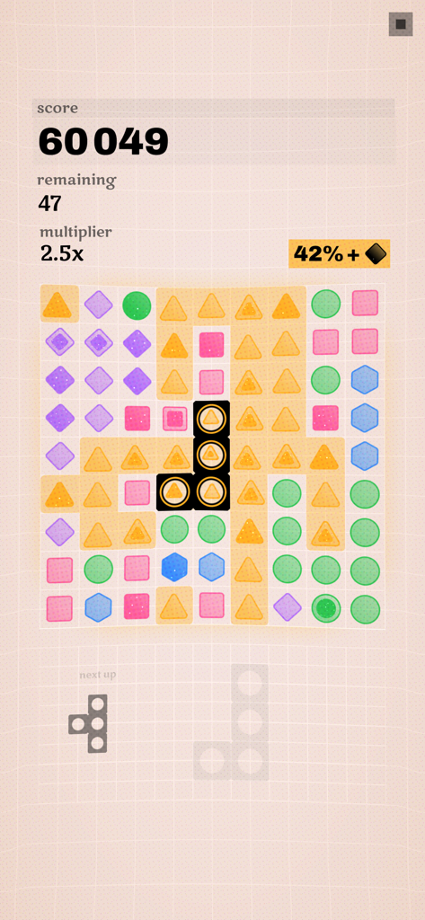 Kavel - Uma grade de quebra-cabeça minimalista do jogo Kavel apresentando formas geométricas coloridas