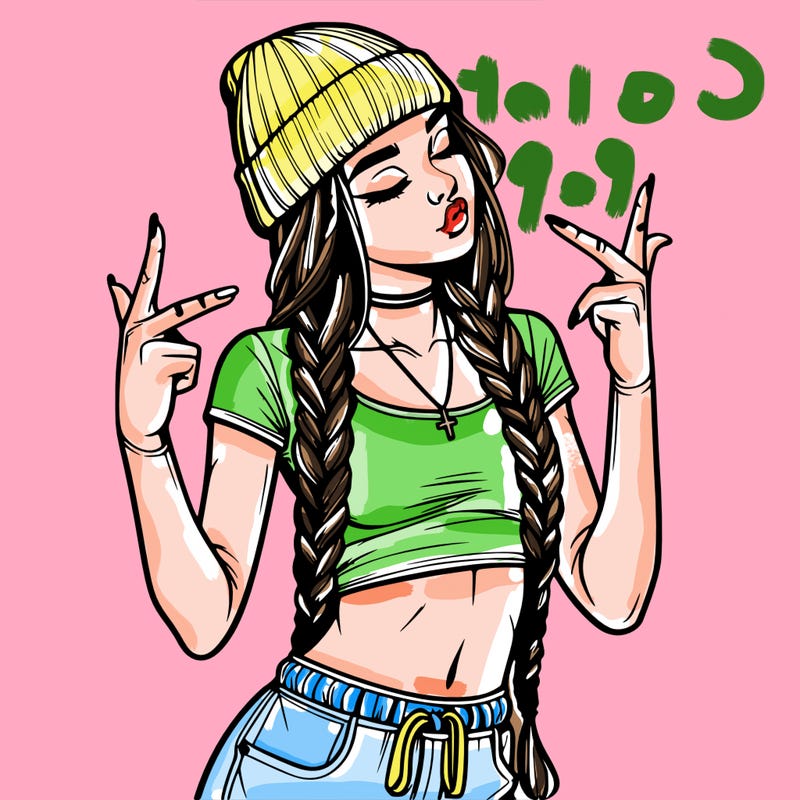 realistic teenage girl with braids and a beanie and crop top doing 🫶🏼