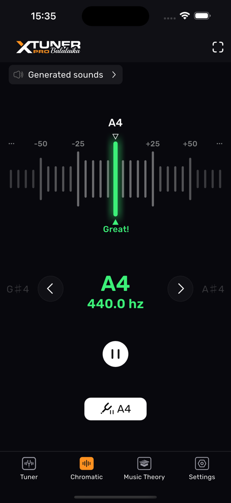 Balalaika Tuner – XTuner PRO - Chromatic tuner mode in XTuner PRO app showing a perfectly tuned A4 note at 440Hz