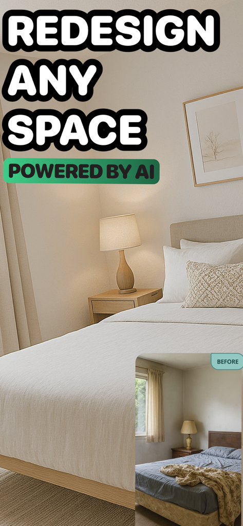 AI Home Design - DecorAI - Before and after comparison of a bedroom redesign using AI Home Design app