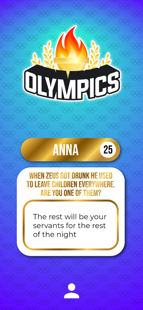 DrinksApp Olympics game mode screen showing a funny party challenge for players