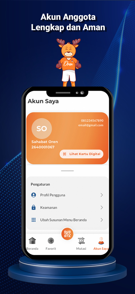 Oren by KOPNUS - Schermata del profilo dell'account dell'app Oren by KOPNUS che visualizza informazioni sui membri, impostazioni e opzioni di carte digitali